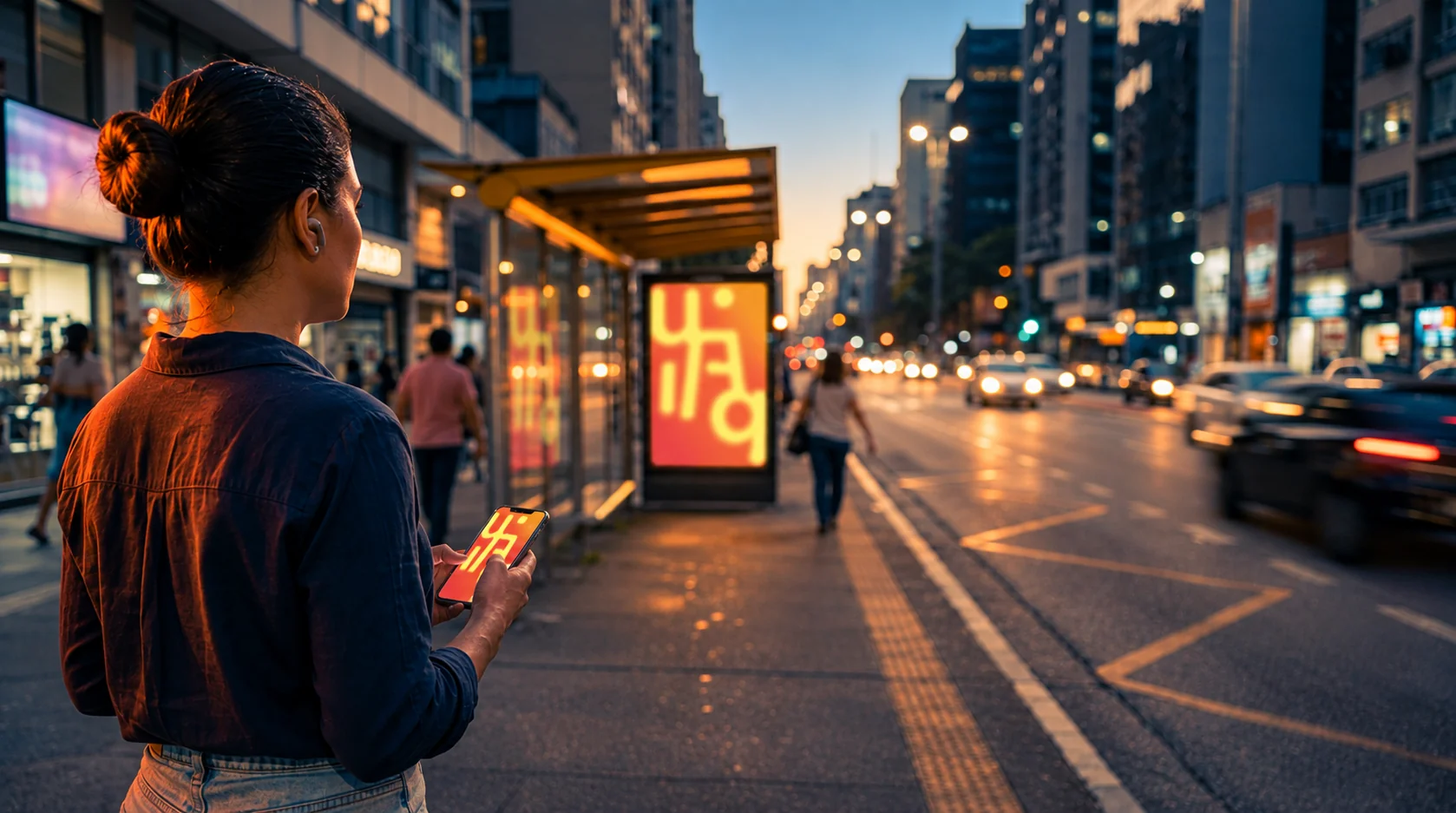 Pessoa ao celular na rua em frente a ponto de ônibus